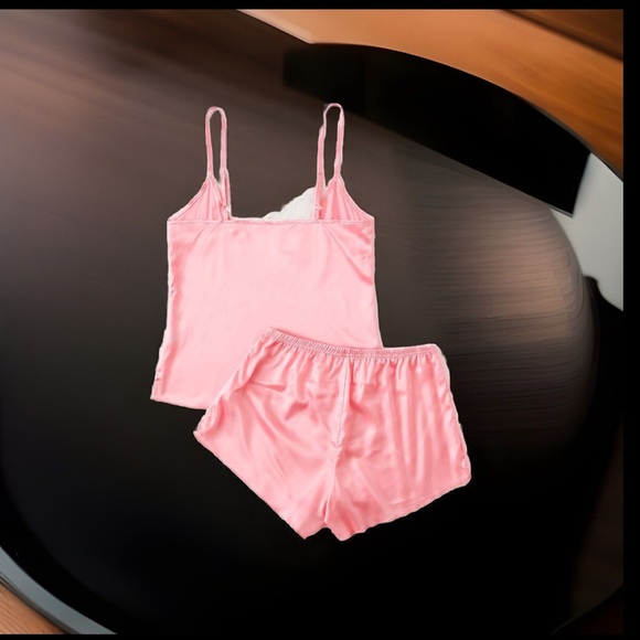 🖤 - Satin Lace Over Chest W/ Adjustable Strips Cami Top & Short Pajama 2Pc Set - Picture 3 of 8